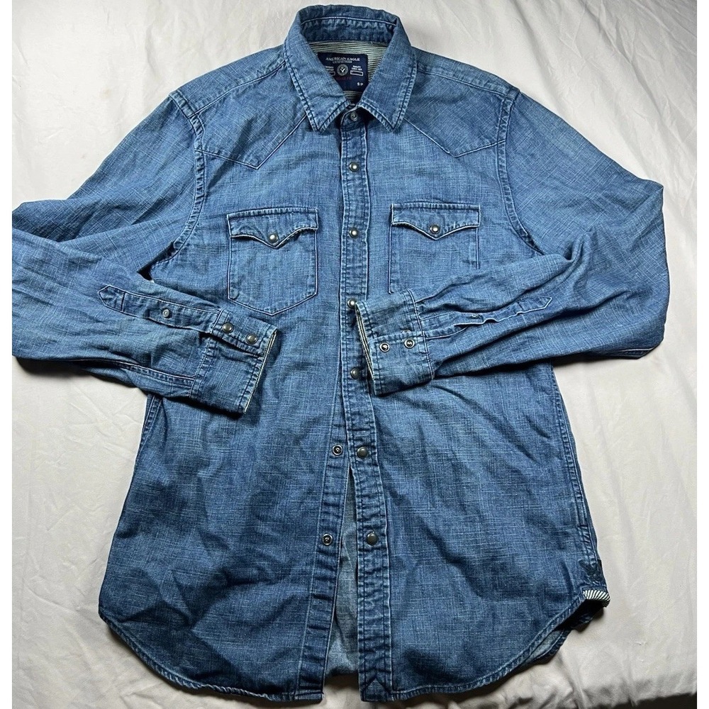 American Eagle Vintage Mens S Pearl Snap Denim Western Shirt Blue Long Sleeve Fi